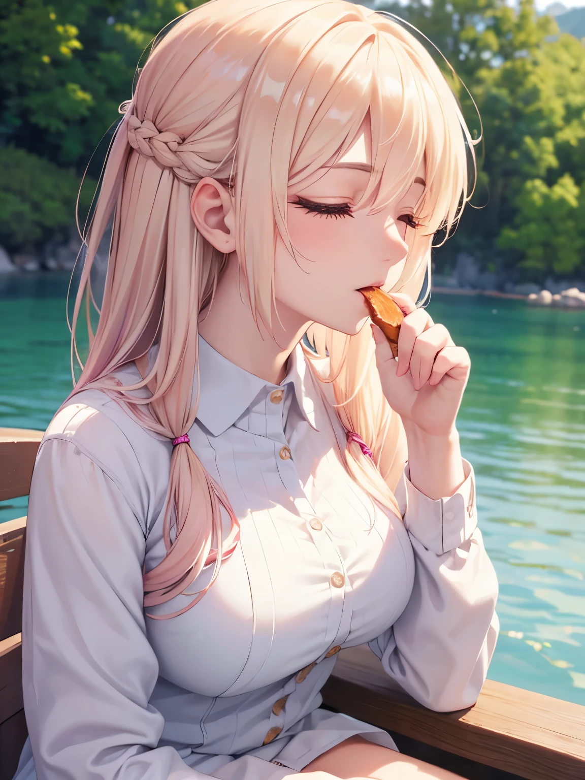 1woman,Eating steak by the lake, closed eyes,, looking away,Beautiful makeup, long eyelashes,early in the morning,stunning,half body photo, very detailed face,cute,,HD face, perfect face,Short white dress, pink cardigan,very big breasts,Blonde hair,blonde hair,blonde,bangs,long hair, straight hair,ultra detail,ultra Hd, masterpiece,4k