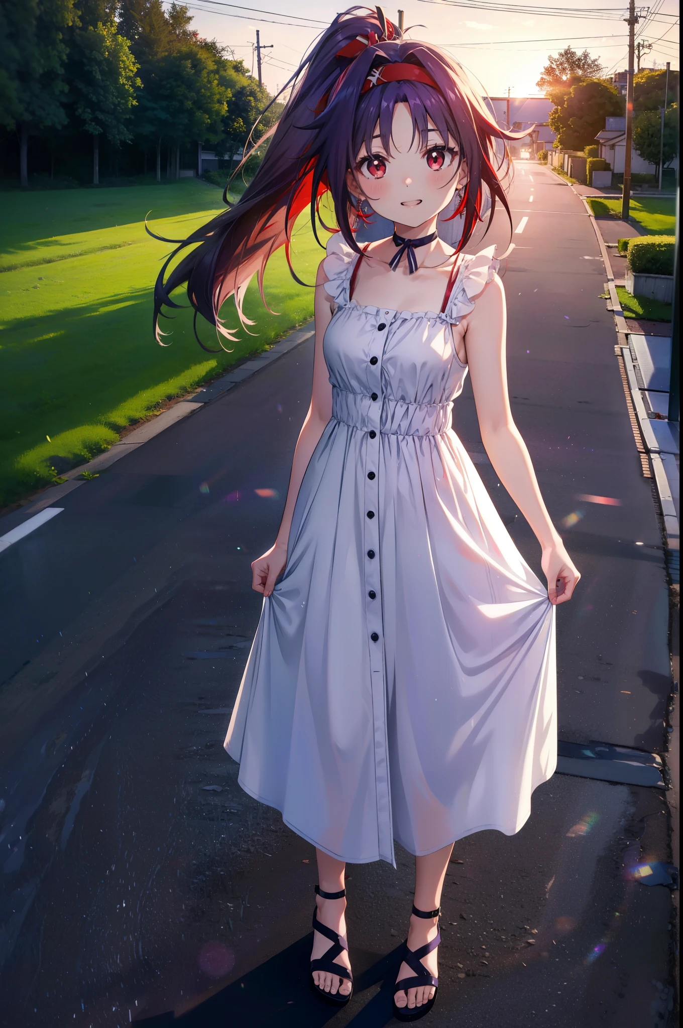 yuukikonno, Konno Yuuki, hair band, Long Hair, Pointed Ears, Purple Hair, (Red eyes:1.5), (Small breasts:1.2),Side Ponytail,smile,Grin,Purple sleeveless dress、Cute Sandals,Put your right hand on your hip,Push-type suitcase,Are standing,Daytime,whole bodyがイラストに入るように, break looking at viewer, whole body, break outdoors,countryside, Residential Street,In town, break (masterpiece:1.2), Highest quality, High resolution, unity 8k wallpaper, (figure:0.8), (Detailed and beautiful eyes:1.6), Highly detailed face, Perfect lighting, Extremely detailed CG, (Perfect hands, Perfect Anatomy),チックなmorning日,morning,Extreme light,
