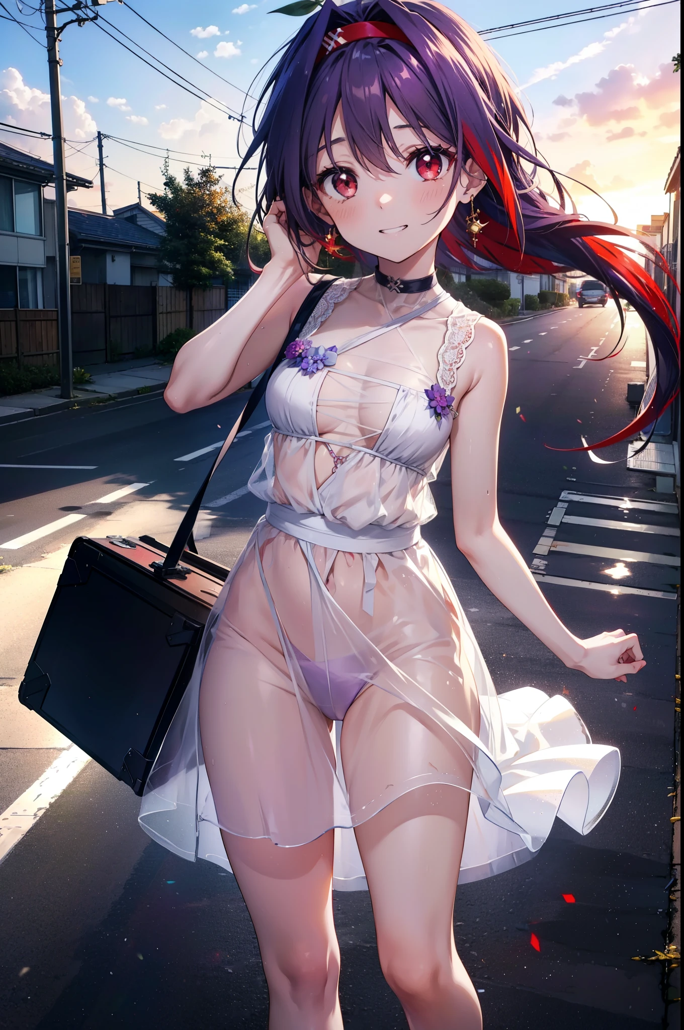 yuukikonno, Konno Yuuki, hair band, Long Hair, Pointed Ears, Purple Hair, (Red eyes:1.5), (Small breasts:1.2),Side Ponytail,smile,Grin,Purple sleeveless dress、Cute Sandals,Put your right hand on your hip,Push-type suitcase,Are standing,Daytime,whole bodyがイラストに入るように, break looking at viewer, whole body, break outdoors,countryside, Residential Street,In town, break (masterpiece:1.2), Highest quality, High resolution, unity 8k wallpaper, (figure:0.8), (Detailed and beautiful eyes:1.6), Highly detailed face, Perfect lighting, Extremely detailed CG, (Perfect hands, Perfect Anatomy),チックなmorning日,morning,Extreme light,