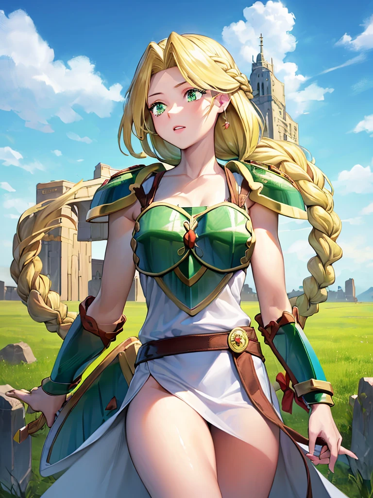 masterpiece,best quality, 1girl, 18yo, beautiful girl,BREAK,(Armor:1.8),(Beautiful blonde,braid,Green Eyes:1.5),(blue sky:1.4),