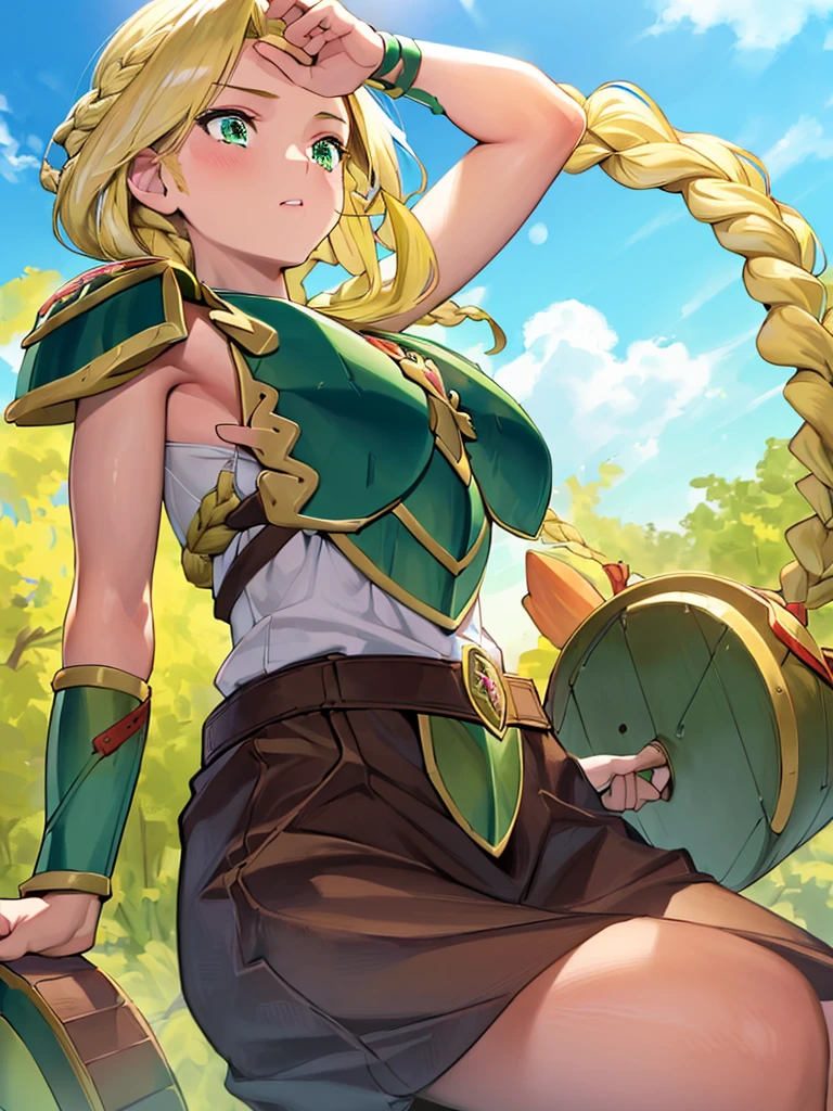 masterpiece,best quality, 1girl, 18yo, beautiful girl,BREAK,(Armor:1.8),(Beautiful blonde,braid,Green Eyes:1.5),(blue sky:1.4),