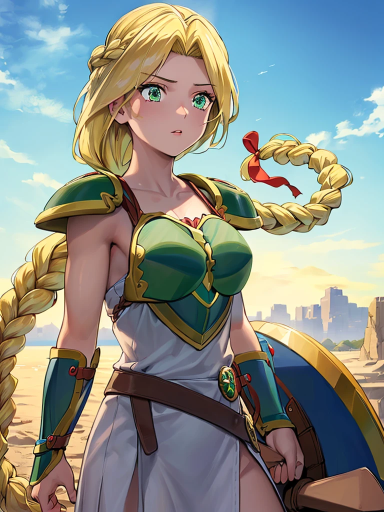 masterpiece,best quality, 1girl, 18yo, beautiful girl,BREAK,(Armor:1.8),(Beautiful blonde,braid,Green Eyes:1.5),(blue sky:1.4),