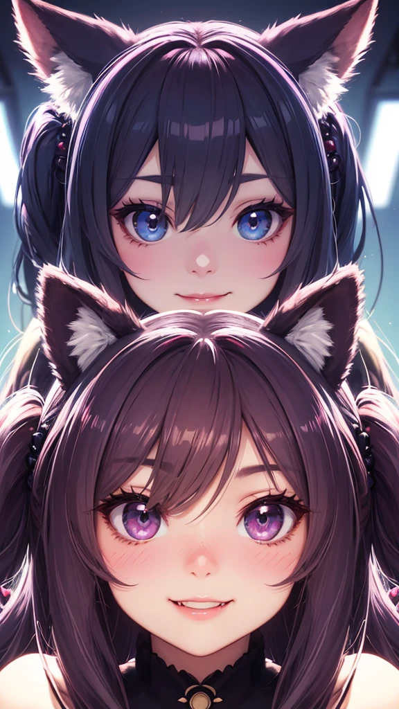 hair bobbles, wince, longeyelashes, solid circle eyes, fake animal ears, light smile, ear blush, fang, Surrealism, drop shadow, anaglyph, stereogram, tachi-e, pov, atmospheric perspective, 8k, super detail, ccurate, best quality