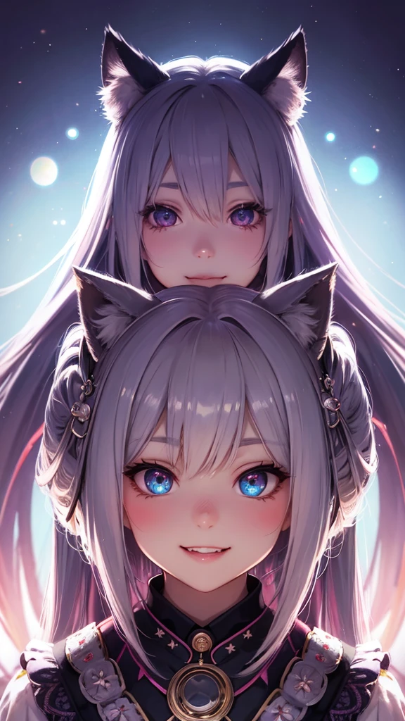 hair bobbles, wince, longeyelashes, solid circle eyes, fake animal ears, light smile, ear blush, fang, Surrealism, drop shadow, anaglyph, stereogram, tachi-e, pov, atmospheric perspective, 8k, super detail, ccurate, best quality