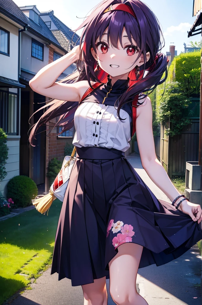 yuukikonno, Konno Yuuki, hair band, Long Hair, Pointed Ears, Purple Hair, (Red eyes:1.5), (Small breasts:1.2),Side Ponytail,smile,Grin,Purple sleeveless dress、Cute Sandals,Put your right hand on your hip,Push-type suitcase,Are standing,Daytime,whole bodyがイラストに入るように, break looking at viewer, whole body, break outdoors,countryside, Residential Street,In town, break (masterpiece:1.2), Highest quality, High resolution, unity 8k wallpaper, (figure:0.8), (Detailed and beautiful eyes:1.6), Highly detailed face, Perfect lighting, Extremely detailed CG, (Perfect hands, Perfect Anatomy),チックなmorning日,morning,Extreme light,