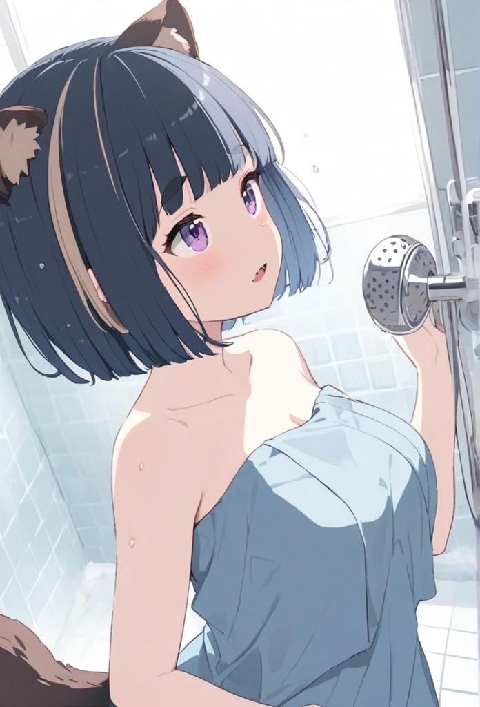 anime,(pale colors:1.8),long shot, 1girl, (on right:1.3), solo, cat mouth, taking shower, showerhead, bathroom, wearing towel, dynamic angle, looking up, from side, fang, blue hair, bobcut, straight hair, racoon ears, racoon tail, (brown streaked hair:1.3), (blunt bangs) ,thick eyebrows, big breast, shadow, 