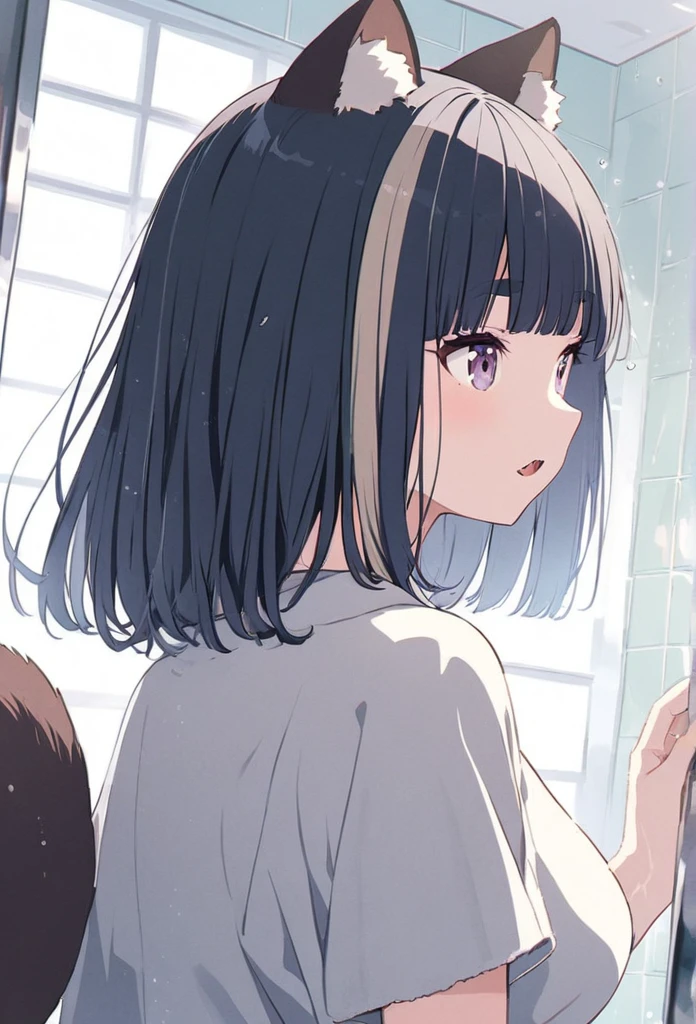 anime,(pale colors:1.8),long shot, 1girl, (on right:1.3), solo, cat mouth, taking shower, showerhead, bathroom, wearing towel, dynamic angle, looking up, from side, fang, blue hair, bobcut, straight hair, racoon ears, racoon tail, (brown streaked hair:1.3), (blunt bangs) ,thick eyebrows, big breast, shadow,
