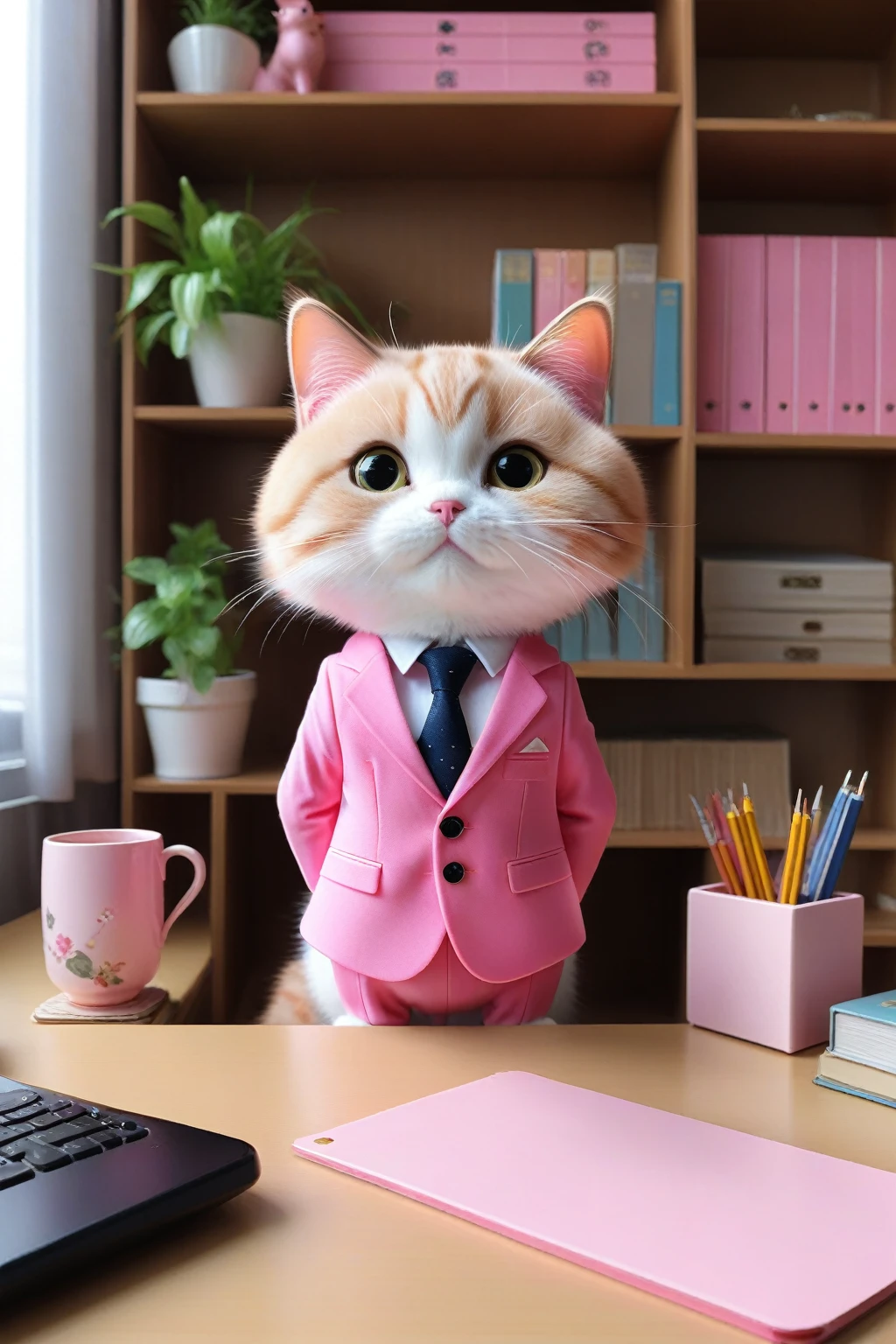 A cat in a pink suit gazing at me from across a desk、Cute Characters、Center composition、looking at the camera、