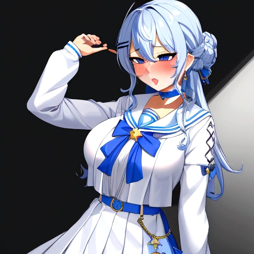 SuiseiSchool, long hair, half updo, white serafuku, blue choker, blue bowtie, blue belt, white skirt, grey cardigan,huge oppai,ahegao,((nose hook:1.2))