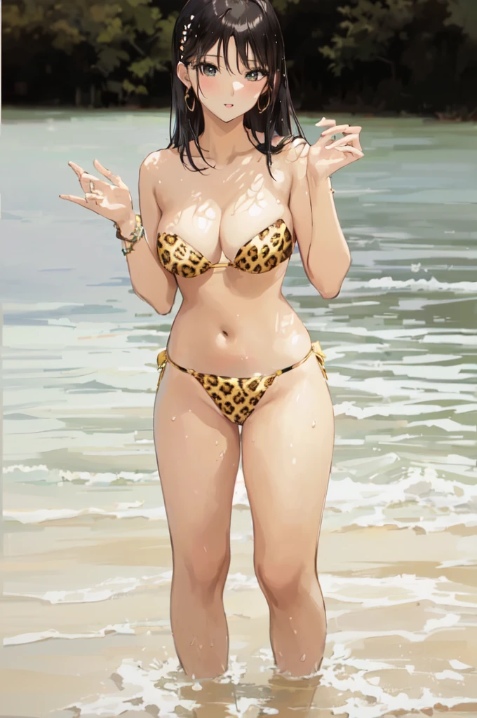 anime woman in a leopard print bikini posing in the water, in bikini, full body shot in bikini, cute bikini, gorgeous bikini model, young pretty gravure idol, young sensual gravure idol, sexy girl, bikini model, in a bikini, ayami kojima amano, elegant bikini, sophisticated gravure idol, gorgeous figure, young skinny gravure idol, wet, anime style