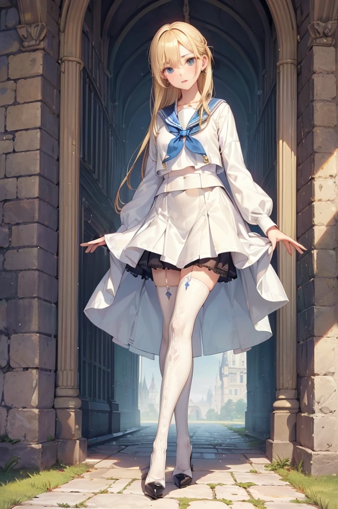 ((Biologically correct limb count)),(( From head to toe,Full-body photo including face)),4K,((Standing position)),masterpiece,((Focus on the face)),((Symmetrical facial features)),Eyes with detailed description,Beautiful woman,Great style,Beautiful arms,Beautiful legs,Beautiful Hands,(Small Ass,Thin thighs),Facial detailing,Small earrings,necklace,(Sailor suit,mini skirt((High heels,Patterned stockings))),((Standing in front of an old castle in the daytime sun, looking up)),Silk gloves,(((Blonde))),(Thick fog),Realistic photo