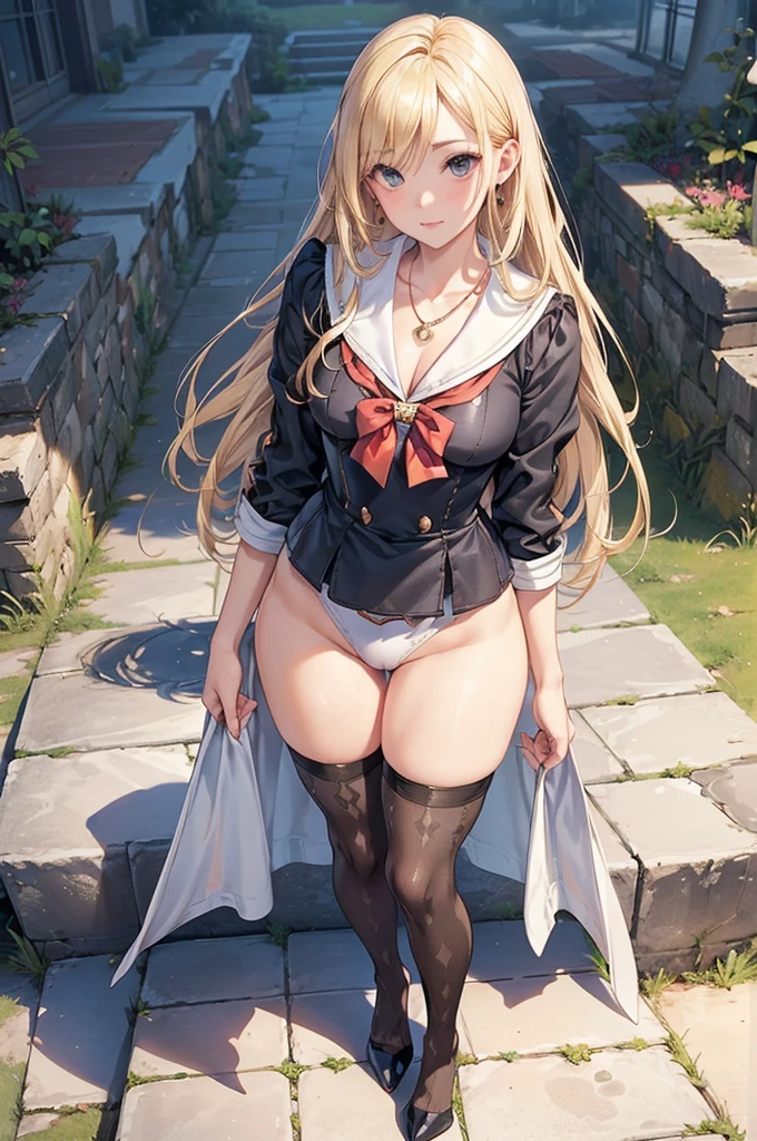((Biologically correct limb count)),(( From head to toe,Full-body photo including face)),4K,((Standing position)),masterpiece,((Focus on the face)),((Symmetrical facial features)),Eyes with detailed description,Beautiful woman,Great style,Beautiful arms,Beautiful legs,Beautiful Hands,(Small Ass,Thin thighs),Facial detailing,Small earrings,necklace,(Sailor suit,mini skirt((High heels,Patterned stockings))),((Standing in front of an old castle in the daytime sun, looking up)),Silk gloves,(((Blonde))),(Thick fog),Realistic photo
