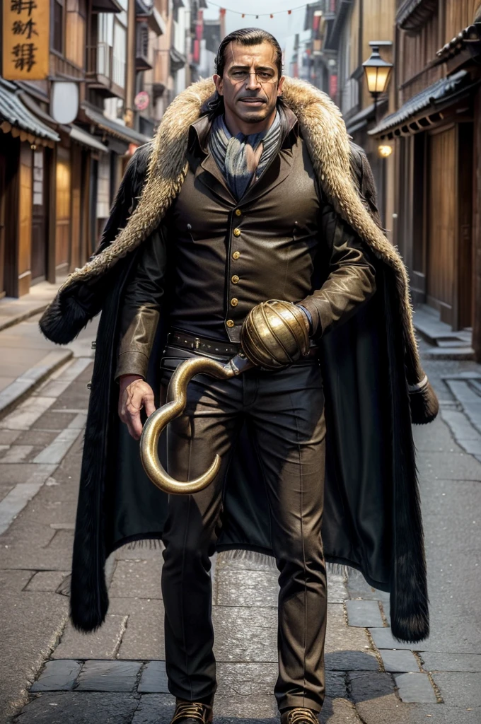 masterpiece, best quality, extremely detailed, hyperrealistic, photorealistic, a cool 40s man, ultra detailed face:1.2, fur-trimmed coat, scarf around the neck, his left hand is a golden pirate hook:1.1, cigar, townscape of the edo period, sly smile, walking