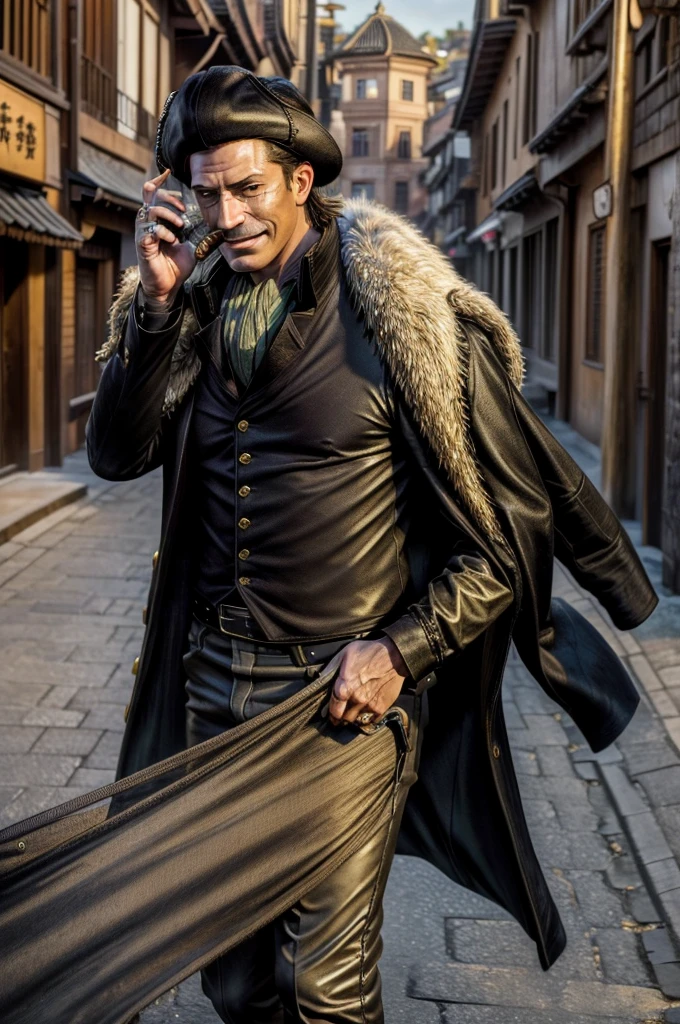 masterpiece, best quality, extremely detailed, hyperrealistic, photorealistic, a cool 40s man, ultra detailed face:1.2, fur-trimmed coat, scarf around the neck, his left hand is a golden pirate hook:1.1, cigar, townscape of the edo period, sly smile, walking