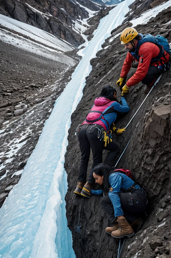 we see a man helping a woman to cross a crevasse. several crevasses have been crossed. the man helps the woman with long black hair. he extends his hand to the woman to help her cross crevices. At the bottom of the crevices there is water