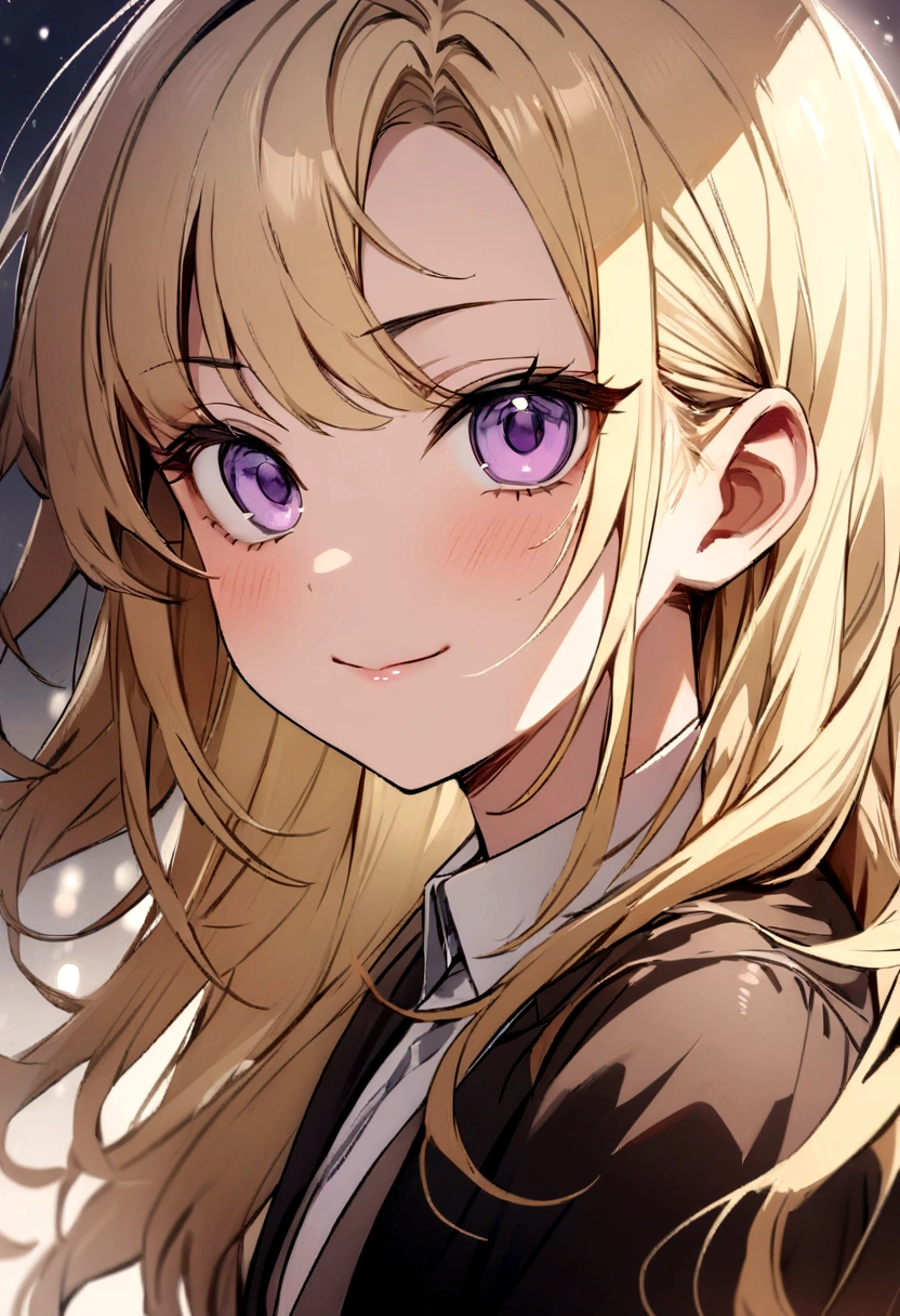 Masterpiece, Best Quality,1 girl、Kimetsu no Yaiba style、uniform hashira、  hair blonde、long hair、blonde hair、smiles、    purple  eyes、  light eyes、cold、close-up、
