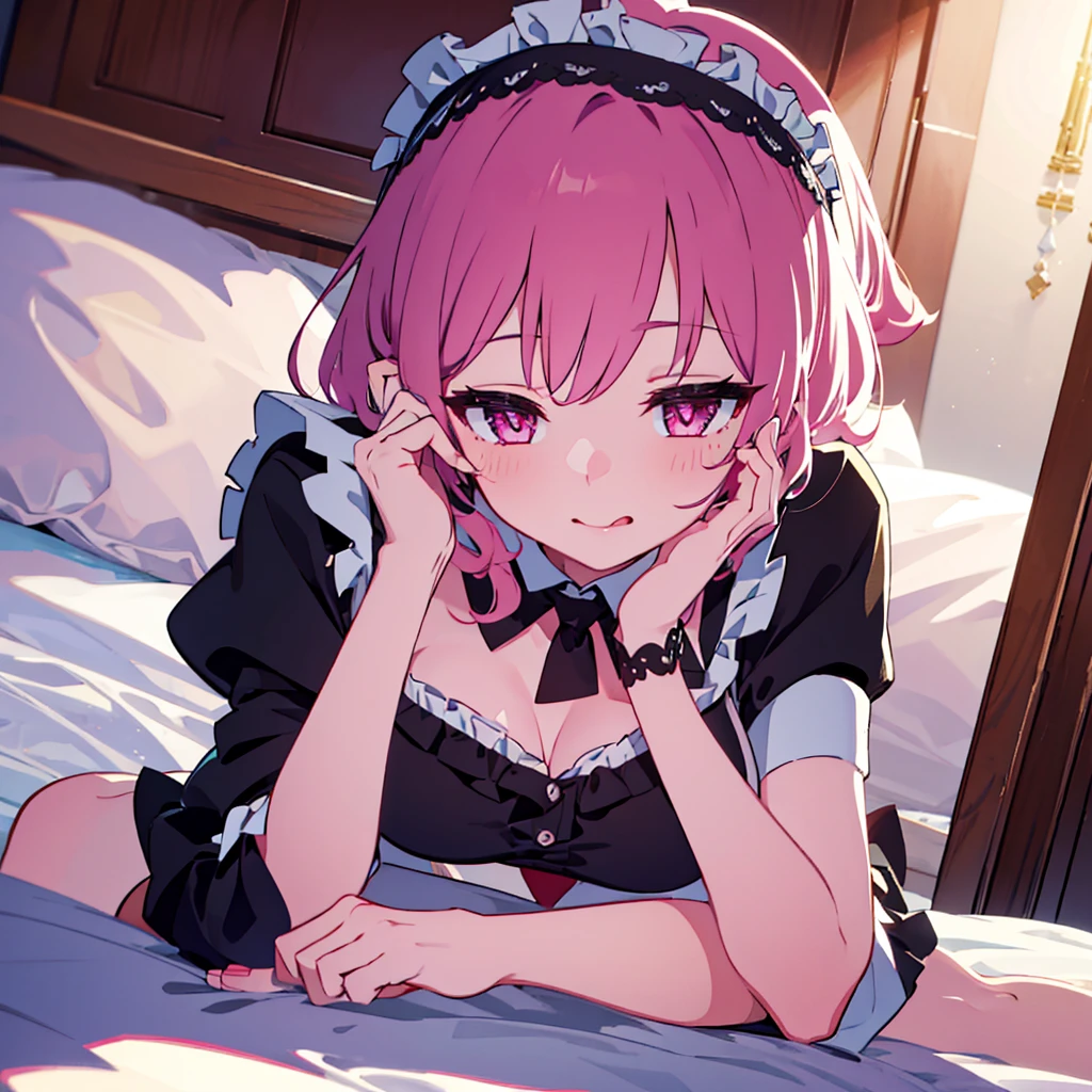 ((masterpiece)), ((best quality)), ((highly detailed)), (original), ((delicate background)), ((extremely detailed 8K wallpaper)), sweet, depth of field, 
BREAK 
((maid clothes)), ((scanty clothing)), lots of frills, big breasts, 
BREAK 
curly hair, faint pink hair, short hair, 
BREAK 
((heart-shaped eyes)), pink eyes, tongue out, blush, 
BREAK 
1girl, solo, cute girl, 15 years old, shiny skin, 
BREAK 
full body shot, on the bed, ((wariza)), looking at the viewer, 