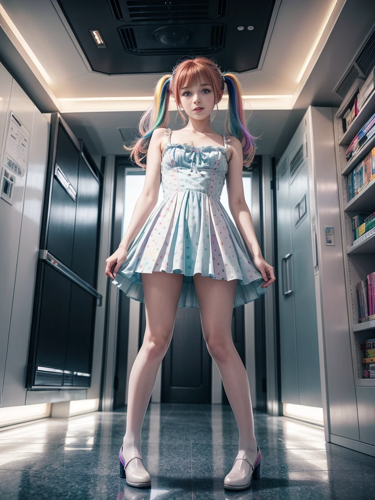 Cute redhead, gravure Idol, with rainbow colored hair tips, ribbons in her hair, 18-year-old woman, happy, in twin tails, perfect symmetrical eyes, clear sparkling blue eyes, pale skin, silky smooth skin, standing on a fancy luxurious space ship, large futuristic corridor, control panels, wood trim, decorative plants, warm lighting, wearing a futuristic dress, pleated (chemise) mini dress (pastel rainbow colors, and polka dots), wearing full body pantyhose, cute short cut booties.