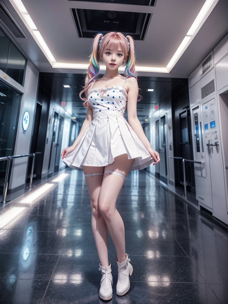 Cute redhead, gravure Idol, with rainbow colored hair tips, ribbons in her hair, 18-year-old woman, happy, in twin tails, perfect symmetrical eyes, clear sparkling blue eyes, pale skin, silky smooth skin, standing on a fancy luxurious space ship, large futuristic corridor, control panels, wood trim, decorative plants, warm lighting, wearing a futuristic dress, pleated (chemise) mini dress (pastel rainbow colors, and polka dots), wearing full body pantyhose, cute short cut booties.