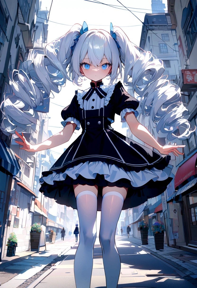 masterpiece, long white hair, city, full limbs, delicate face, white color hair, double ponytail curls, blue color eyes, white lolita, long distance shot, white stockings latest fashion  uniform, silver hair, cute anime waifu,