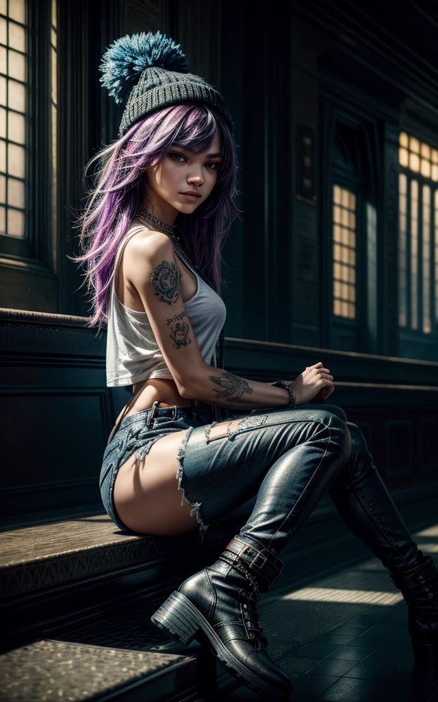 (zendaya), at the the Grand Central Terminal, cinematic, medium shot, whole head in frame, detailed face, detailed eyes, evening, punk aesthetic, pale blue ripped jeans, braces, suspenders, black boots, white shirt, skull, heart, necklace, chain, bullets, black leather jacket, dark blue beanie, tattoo sleeve, right arm, intricate design, flowers, yellowed skull, dyed hair, light purple roots, blue ends, navy T-shirt, rock, chick, messy hair, Full body, Beautiful anime waifu style girl,hyperdetailed painting, luminism, art by Carne Griffiths and Wadim Kashin concept art, dark background, abstract beauty, approaching perfection, pure form, golden ratio, minimalistic, dark atmosphere, unfinished, concept art, by Brian Froud and Carne Griffiths and Wadim Kashin and John William Waterhouse, intricate details, 8k post production, high resolution, hyperdetailed, trending on artstation, sharp focus, studio photo, intricate details, highly detailed, by greg rutkowski, cameltoe, sitting with legs spread, longing gazing hungry sexy facial expression, arms behind back, hands not visible