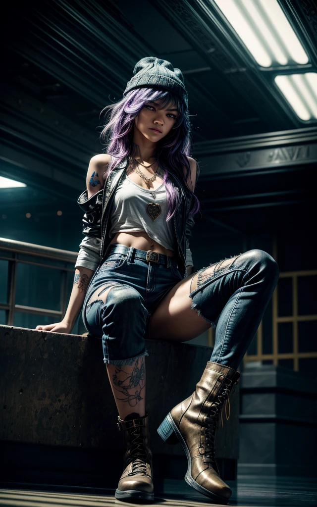 (zendaya), at the the Grand Central Terminal, cinematic, medium shot, whole head in frame, detailed face, detailed eyes, evening, punk aesthetic, pale blue ripped jeans, braces, suspenders, black boots, white shirt, skull, heart, necklace, chain, bullets, black leather jacket, dark blue beanie, tattoo sleeve, right arm, intricate design, flowers, yellowed skull, dyed hair, light purple roots, blue ends, navy T-shirt, rock, chick, messy hair, Full body, Beautiful anime waifu style girl,hyperdetailed painting, luminism, art by Carne Griffiths and Wadim Kashin concept art, dark background, abstract beauty, approaching perfection, pure form, golden ratio, minimalistic, dark atmosphere, unfinished, concept art, by Brian Froud and Carne Griffiths and Wadim Kashin and John William Waterhouse, intricate details, 8k post production, high resolution, hyperdetailed, trending on artstation, sharp focus, studio photo, intricate details, highly detailed, by greg rutkowski, cameltoe, sitting with legs spread, longing gazing hungry sexy facial expression, arms behind back, hands not visible