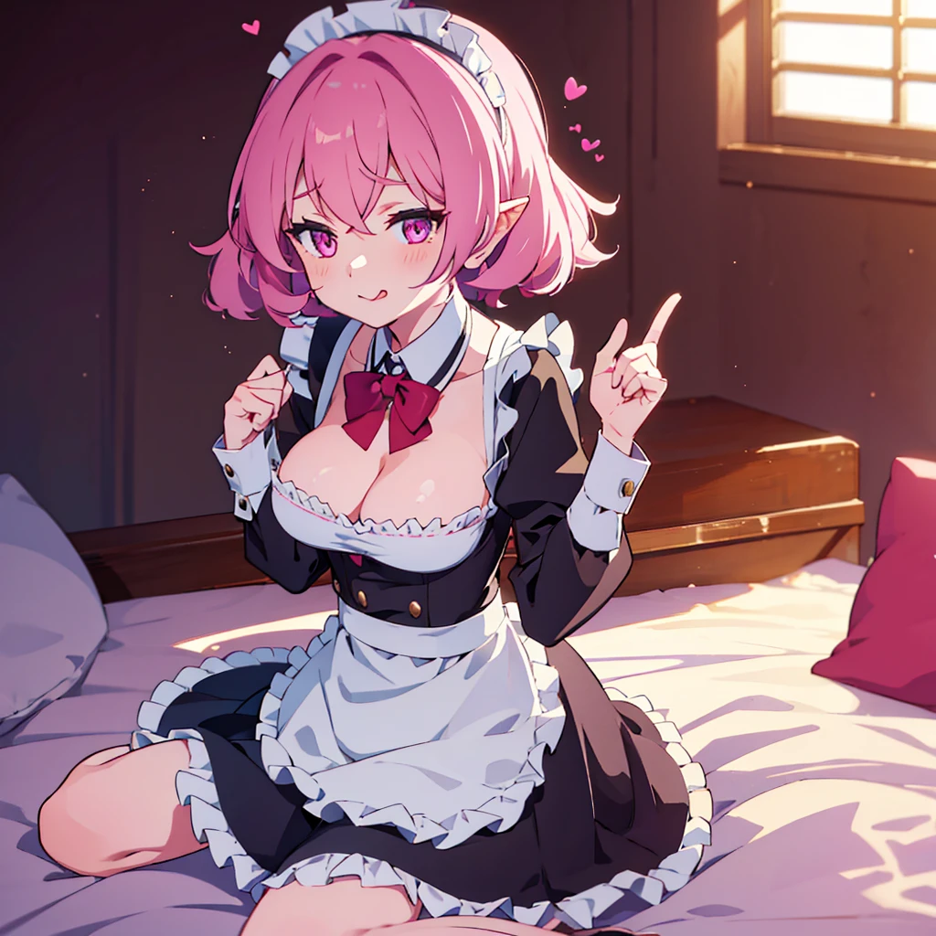 ((masterpiece)), ((best quality)), ((highly detailed)), (original), ((delicate background)), ((extremely detailed 8K wallpaper)), sweet, depth of field, 
BREAK 
((maid clothes)), ((scanty clothing)), lots of frills, big breasts, 
BREAK 
curly hair, faint pink hair, short hair, 
BREAK 
((heart-shaped eyes)), pink eyes, tongue out, blush, 
BREAK 
1girl, solo, cute girl, 15 years old, shiny skin, 
BREAK 
full body shot, on the bed, ((wariza)), looking at the viewer, 