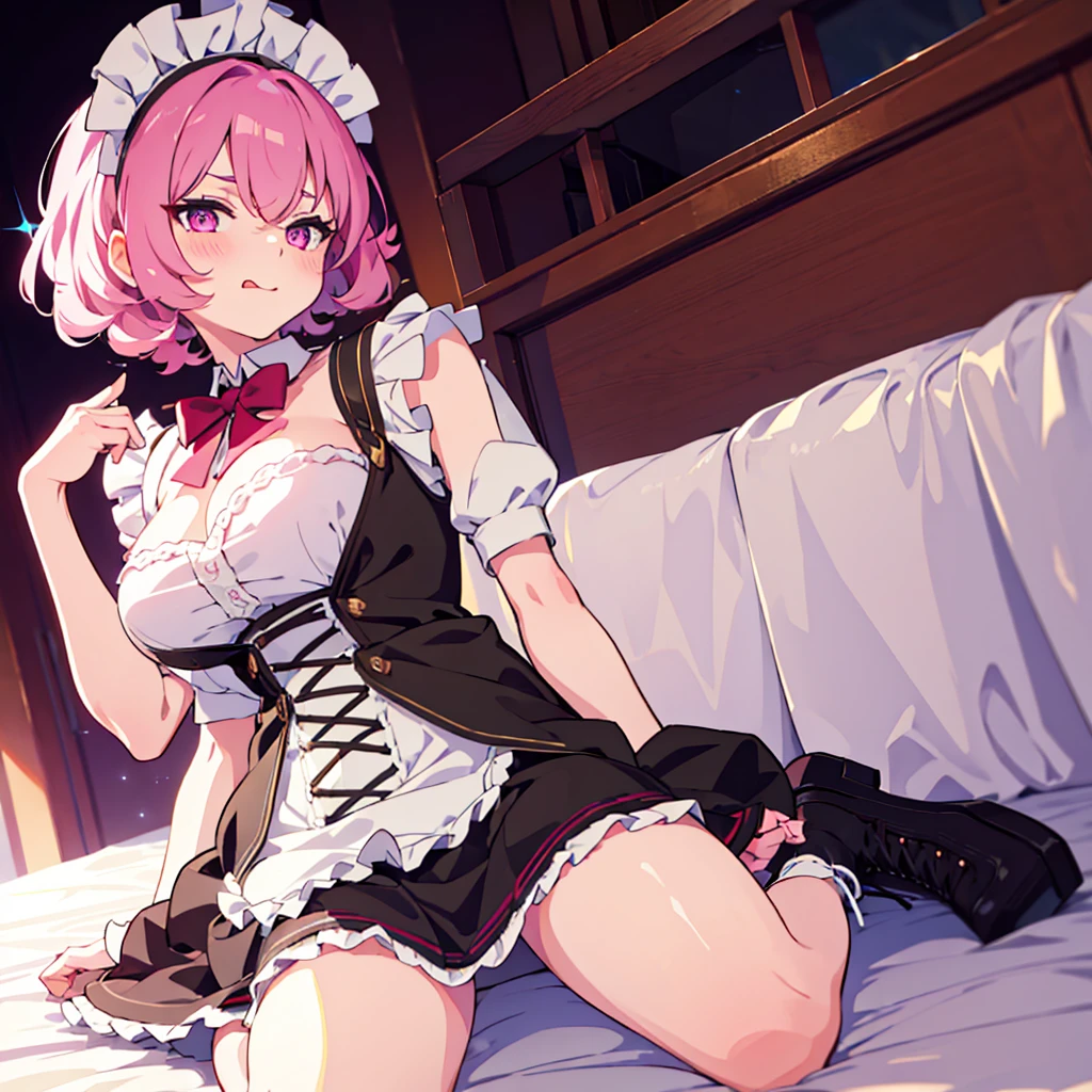 ((masterpiece)), ((best quality)), ((highly detailed)), (original), ((delicate background)), ((extremely detailed 8K wallpaper)), sweet, depth of field, 
BREAK 
((maid clothes)), ((scanty clothing)), lots of frills, big breasts, 
BREAK 
curly hair, faint pink hair, short hair, 
BREAK 
((heart-shaped eyes)), pink eyes, tongue out, blush, 
BREAK 
1girl, solo, cute girl, 15 years old, shiny skin, 
BREAK 
full body shot, on the bed, ((wariza)), looking at the viewer, 