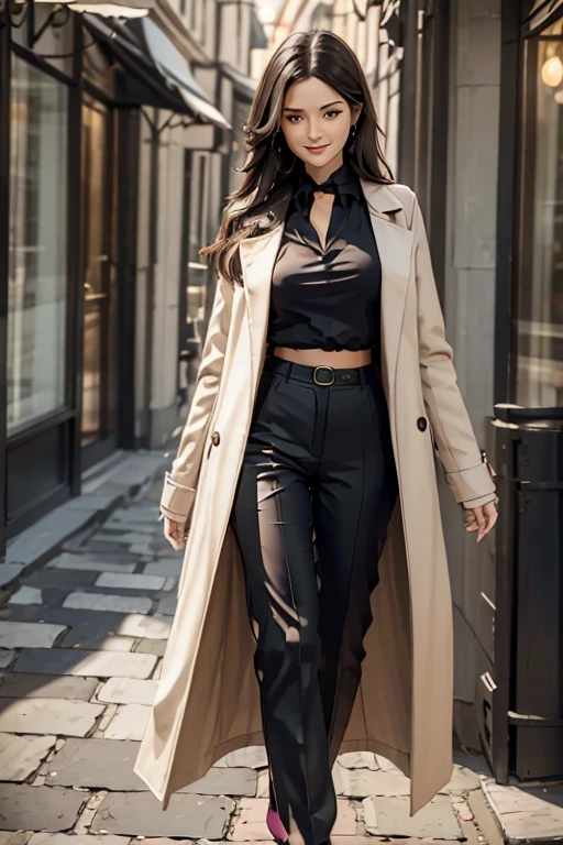 An Italian woman with long straight brown hair, dressed in a black blouse and couture trousers, and a pink coat, smiles while walking through the streets of London. realistic image, Full HD 4K