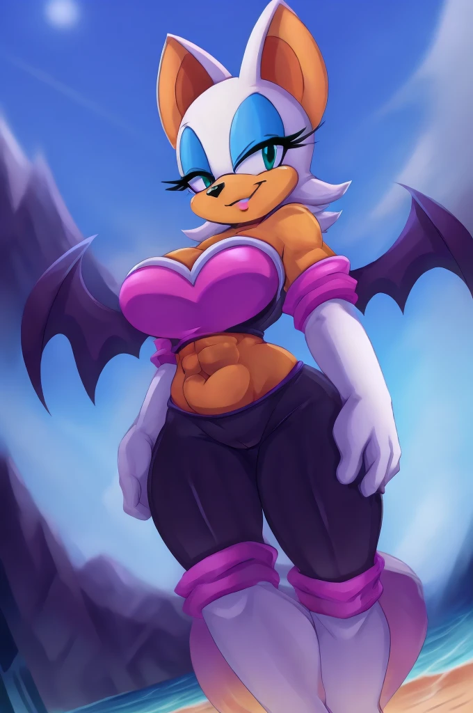 ((best quality)), ((masterpiece)), (detailed), a digital sideview artwork of a rouge the bat with abs wearing a crop top of her default outfit with white gloves, a tan bare midriff and a bare navel, ((trending on artstation)), ((4k)), furry, anthro style, 2d style, smug face,