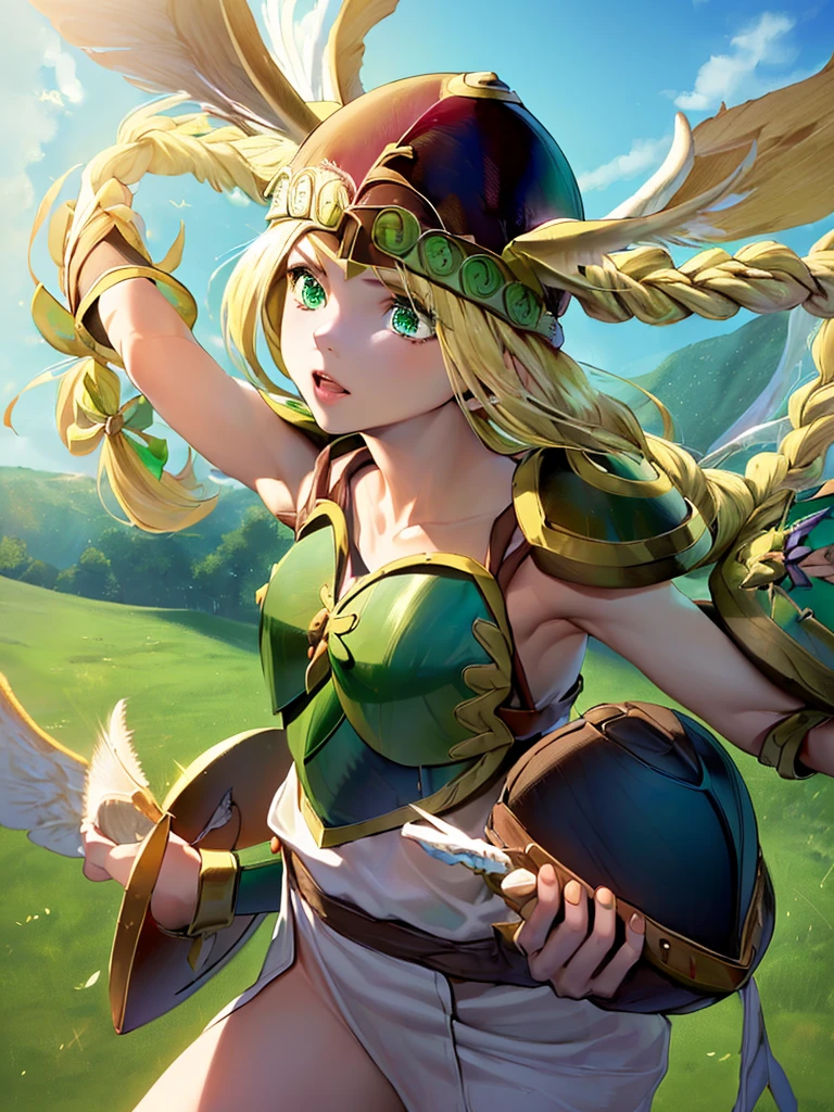 masterpiece,best quality, 1girl, 18yo, beautiful girl,BREAK,(Armor:1.8),(Helmet with wings:1.7),(Beautiful blonde,braid,Green Eyes:1.5),BREAK,(White Dress,Blue and white striped panties:1.4),BREAK,(naughty face, naughty:1.3), (blue sky:1.2),(Running on clouds:1.3),(move chart:1.3),