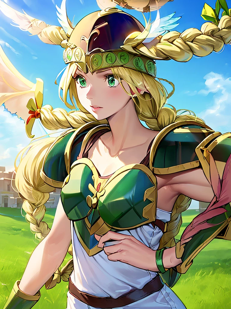 masterpiece,best quality, 1girl, 18yo, beautiful girl,BREAK,(Armor:1.8),(Helmet with wings:1.7),(Beautiful blonde,braid,Green Eyes:1.5),(blue sky:1.4),