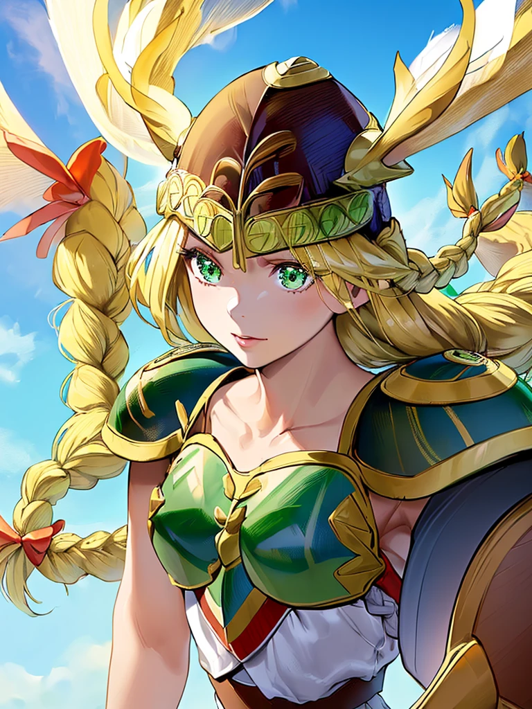 masterpiece,best quality, 1girl, 18yo, beautiful girl,BREAK,(Armor:1.8),(Helmet with wings:1.7),(Beautiful blonde,braid,Green Eyes:1.5),(blue sky:1.4),