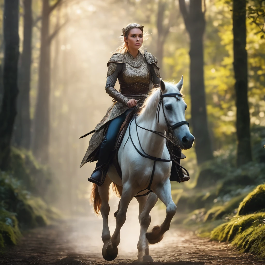 Beautiful elfen woman riding horse and holding a swords on the path in mythical forest, bokeh background, sharp focus, highly detail, 8k UHD