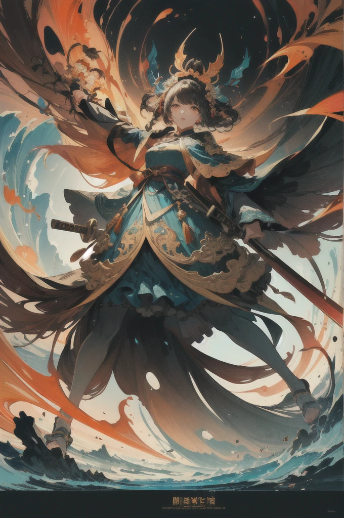 ultra high resolution,((masterpiece))),(((best quality))),((super detailed)),((extremely delicate and beautiful)),(wide shot, wide-angle lens,Panoramic:1.2),super vista,super wide Angle,Low Angle shooting,super wide lens,highly detailed,(masterpiece, top quality, best quality, official art, beautiful and aesthetic:1.2),(fractal art:1.2),
xuer ai yazawa style girl,1girl,solo,holding weapon,katana,floral print,looking at viewer,fighting stance,eastern dragon,braid,floral print,Ink,ink splatter,
(disgust:1.3),(full body:1.4),A shot with tension,(sky glows orange,Visual impact,giving the poster a dynamic and visually striking appearance:1.2),Chinese Zen style,impactful picture,

