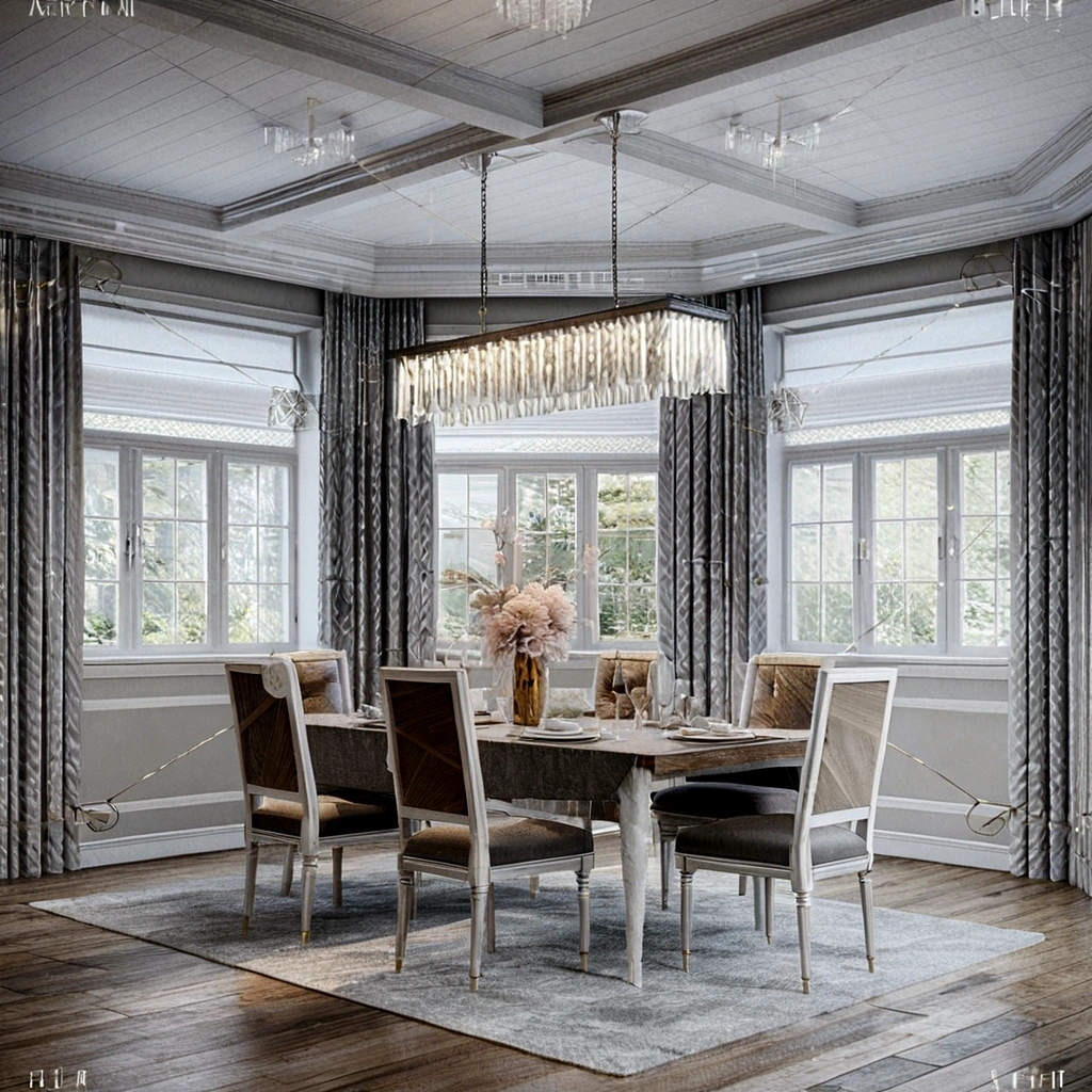 Araf style dining room with chandelier and table and chairs, Highly detailed 3D rendering, Highly detailed 3D rendering, Very realistic 3D rendering, High quality 3D rendering, High quality 3D rendering, Highly detailed interior, Ultra-detailed 3D rendering, Ultra-detailed 3D rendering, Highly detailed rendering, elegant render, Octagon Rendering 8k