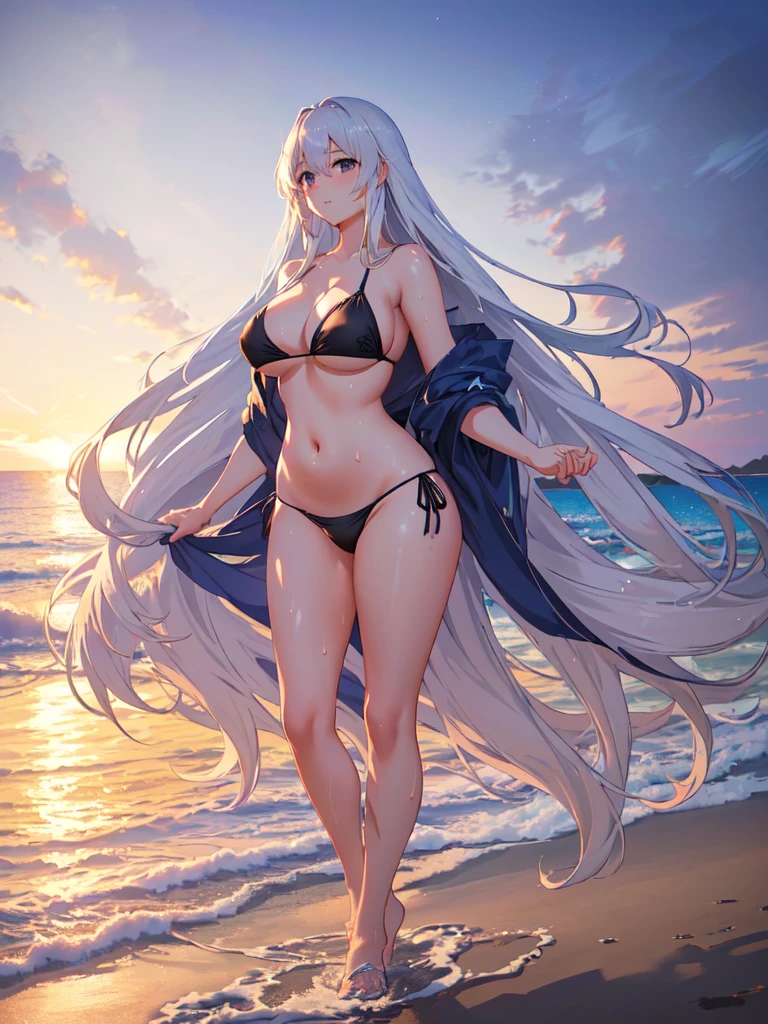 A beautiful anime girl with long flowing hair, standing on a beach in the evening, wearing a skimpy wet bikini that clings to her voluptuous figure, her skin glistening with sweat, in a dynamic anime art style, highly realistic, masterfully detailed, 8K, photo-realistic, cinematic lighting, vibrant colors, dramatic atmosphere