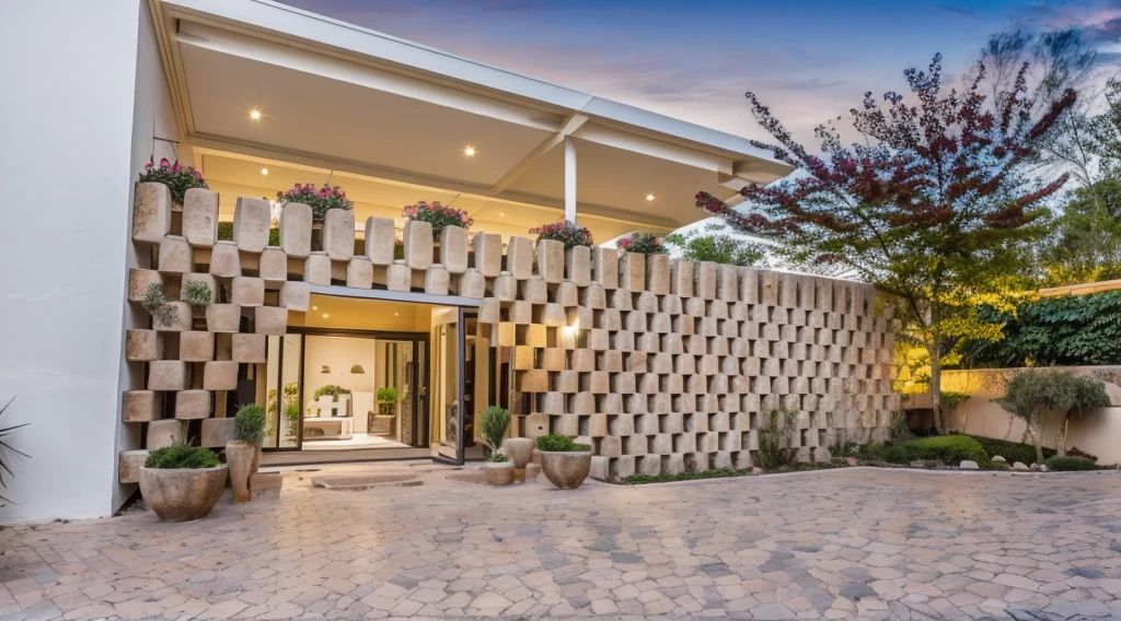 The exterior of a 1-storey house decorated with stacked stone mortars, trees, flower trellises, Ricardo Bofill style, super detailed, sunrise light, most realistic photos, 4K,