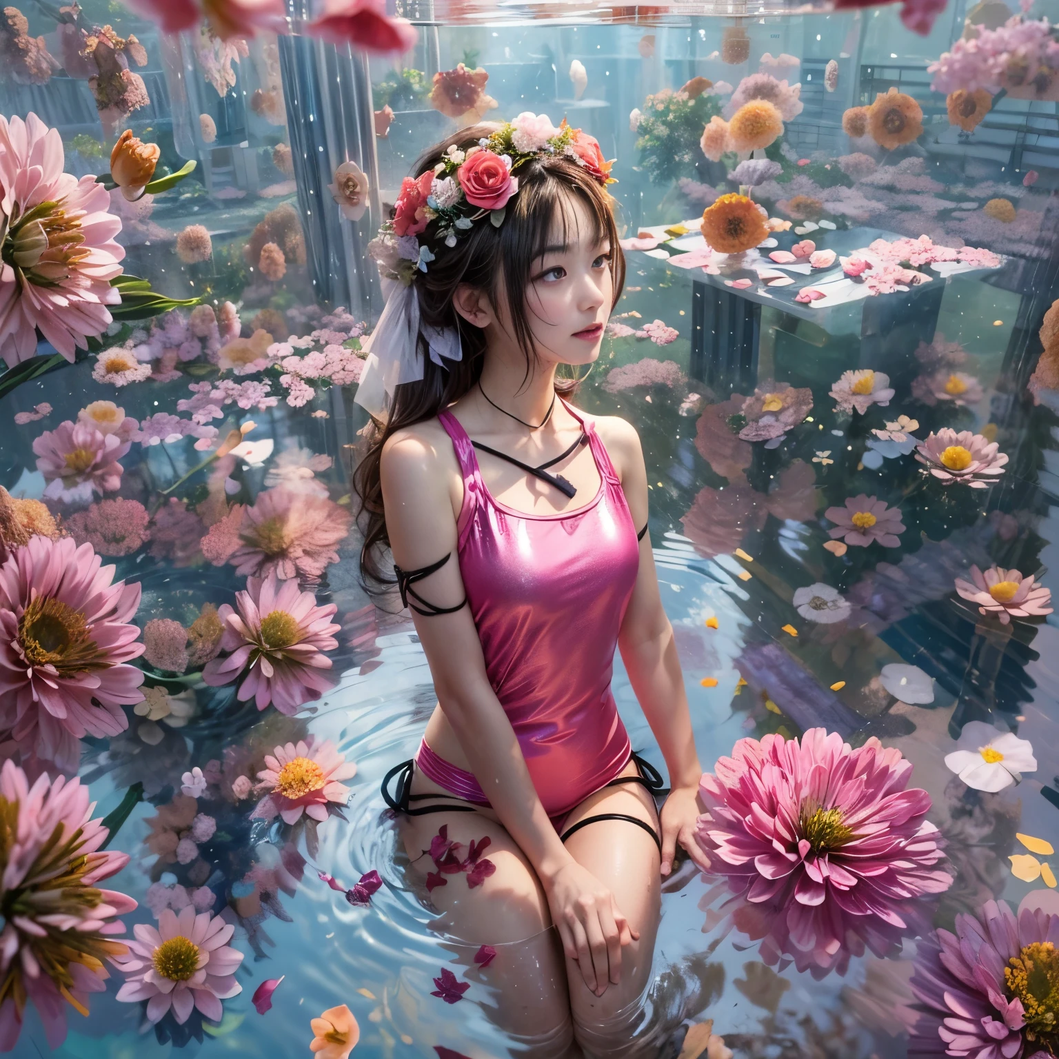 CrimsonRed Variations,ExtremelyDetailed(ProfessionalPhoto of Girl Floating in the Sky:1.37), 280th floor infinity pool，The tallest building in the urban forest, {Around bonsai|Luo Han Song|coconut palms|tulips|Rose flower}, (Masterpiece 8K TopQuality:1.2),  (ExtremelyDetailed NOGIZAKA face and Eyes:1.37)ElaboratePupils with (SparklingHighlights:1.28) DoubleEyelids with Voluminous LongEyelashes RosyCheeks (Joyful Expressions LifeLike Rendering)  BREAK   Detailed impeccable Radiant PearlSkin with Transparency, Skinny(SchoolSwimwear:1.28) beautiful graceful {(HiddenHand)|((Corrected BabyLikeHand))} (Whole Body Proportions and all limbs are Anatomically Accurate), (FlowerWreath WrappedBody Flowers Covering girl's body Full of Flowers){Dazzling RainbowColorHorizon|ColorfulSky|ColorfulClouds|Starly Stars}(extra limbs:-1.4)