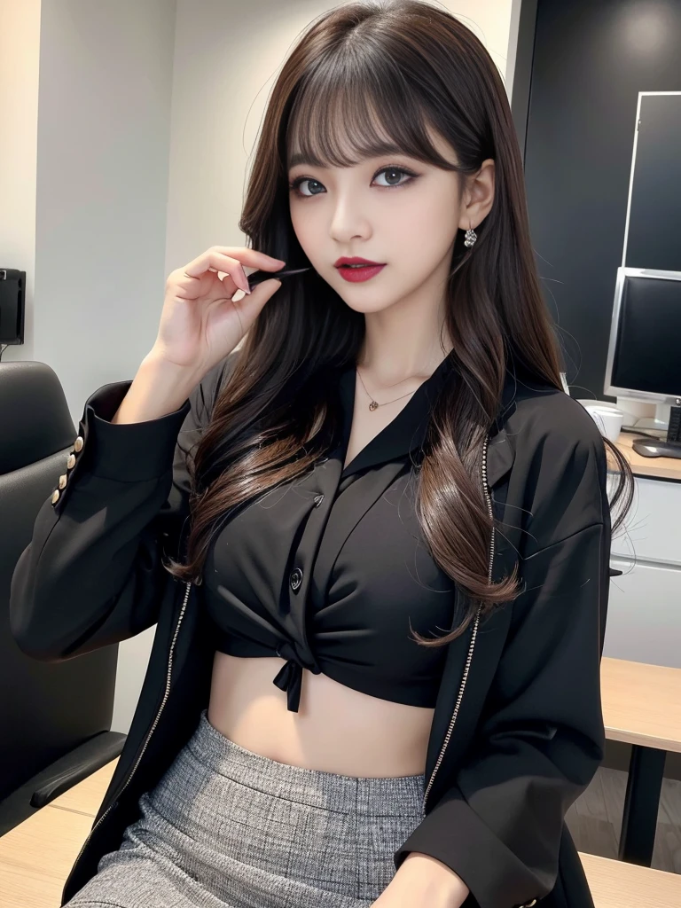 Highest quality、Super detailed、4K、Japanese、Captivating beauty、Attractive adult woman、Beautiful woman、Cool girl、evil女、brainwashingされた、brainwashing、Fallen into evil、Grin、邪evilな表情、邪evilな笑顔、evil、Brown Hair、Wavy Hair、Swept-apart bangs、Heavy makeup、Heavy makeup、Sharp Eye、Hollow Eyes,Half-closed eyes、Hollow Eyes、purple eye shadow、Black lipstick、Black lip gloss、suit、Black jacket、blouse、Black tight skirt、night、In the office、Have lipstick