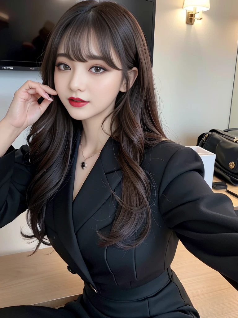 Highest quality、Super detailed、4K、Japanese、Captivating beauty、Attractive adult woman、Beautiful woman、Cool girl、evil女、brainwashingされた、brainwashing、Fallen into evil、Grin、邪evilな表情、邪evilな笑顔、evil、Brown Hair、Wavy Hair、Swept-apart bangs、Heavy makeup、Heavy makeup、Sharp Eye、Hollow Eyes,Half-closed eyes、Hollow Eyes、purple eye shadow、Black lipstick、Black lip gloss、suit、Black jacket、blouse、Black tight skirt、night、In the office、Have lipstick