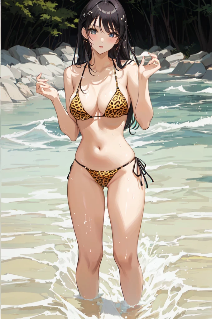 anime woman in a leopard print bikini posing in the water, in bikini, full body shot in bikini, cute bikini, gorgeous bikini model, young pretty gravure idol, young sensual gravure idol, sexy girl, bikini model, in a bikini, ayami kojima amano, elegant bikini, sophisticated gravure idol, gorgeous figure, young skinny gravure idol, wet, anime style