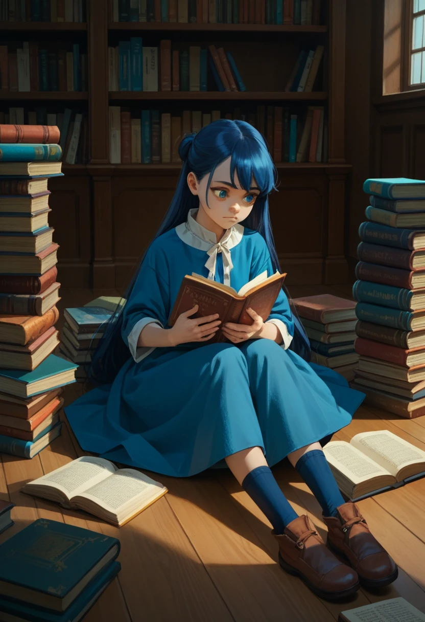 score_9, score_8_up, score_7_up, score_6_up, score_5_up, score_4_up, rating_safe, source_anime, 1girl, long hair, myne, blue hair, sitting on the floor, reading a book, surrounded by books