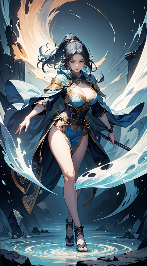 Highest quality、masterpiece、8K、Realistic、超High resolution、Very delicate and beautiful、High resolution、Fantasy、Perfect female body、mature woman、Blue Hair、Toned body、Cape、Clothing with low exposure、Full body emphasis、Simple Background、samurai、warrior