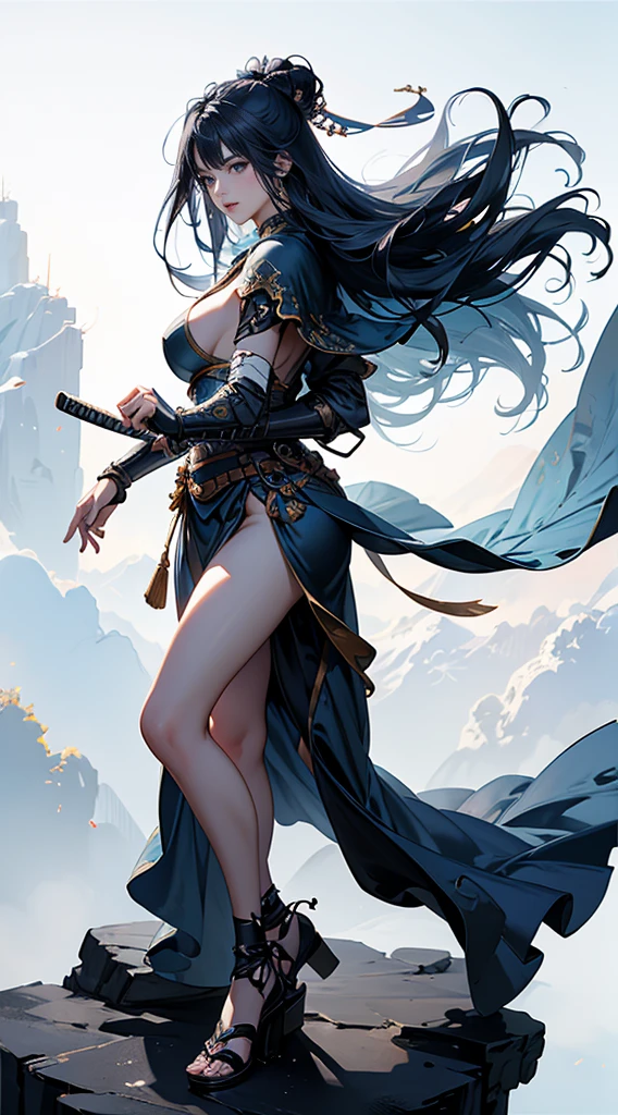 Highest quality、masterpiece、8K、Realistic、超High resolution、Very delicate and beautiful、High resolution、Fantasy、Perfect female body、mature woman、Blue Hair、Toned body、Cape、Clothing with low exposure、Full body emphasis、Simple Background、samurai、warrior