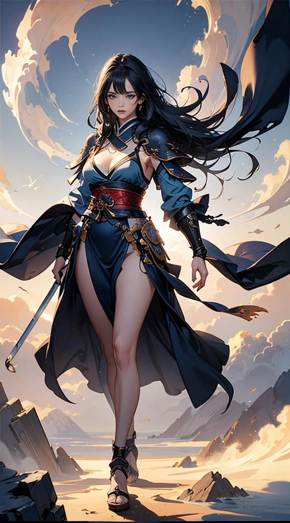 Highest quality、masterpiece、8K、Realistic、超High resolution、Very delicate and beautiful、High resolution、Fantasy、Perfect female body、mature woman、Blue Hair、Toned body、Cape、Clothing with low exposure、Full body emphasis、Simple Background、samurai、warrior