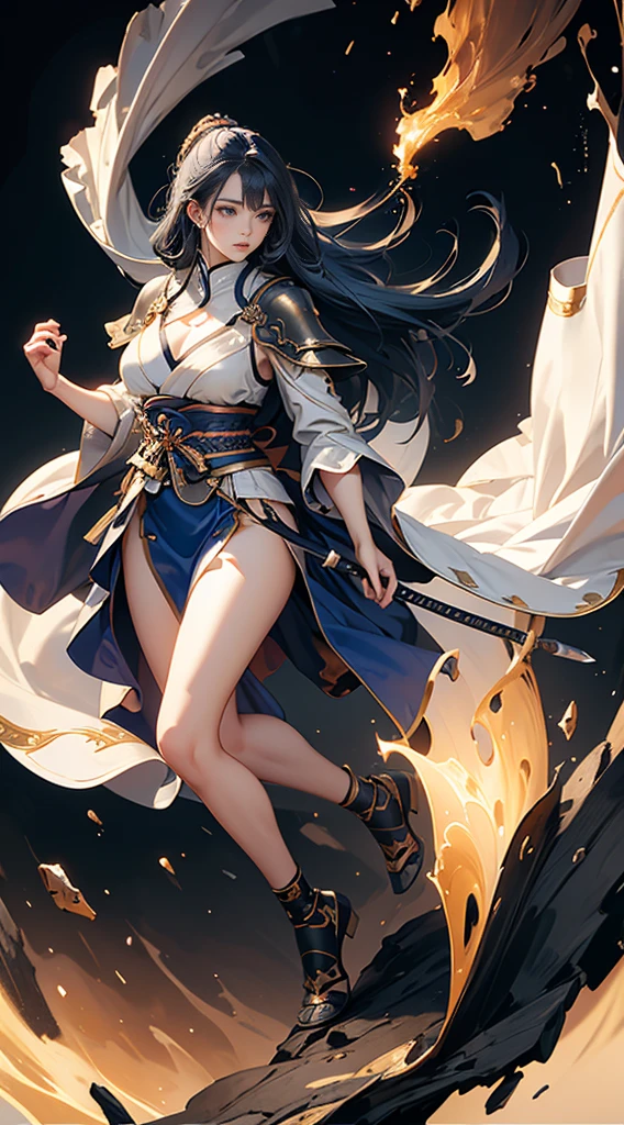 Highest quality、masterpiece、8K、Realistic、超High resolution、Very delicate and beautiful、High resolution、Fantasy、Perfect female body、mature woman、Blue Hair、Toned body、Cape、Clothing with low exposure、Full body emphasis、Simple Background、samurai、warrior