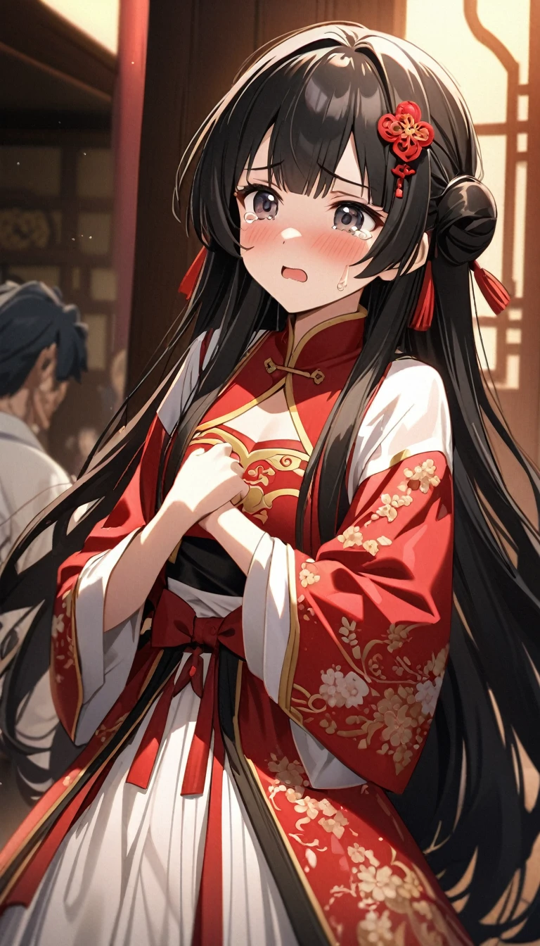 A tragic historical drama in 8k live-action style: Beautiful palace secrets　Beautiful 15 year old Chinese Kung Fu girl princess with long black hair　Gorgeous embroidery, Ultra glossy, She is wearing shiny red long sleeve floral pajamas....　She is crying in front of her lover as an old man she doesn&#39;t love forces himself on her.