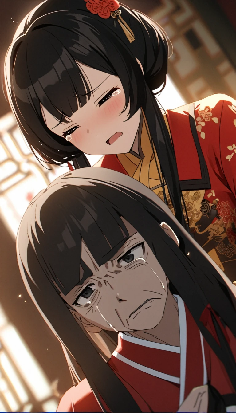 A tragic historical drama in 8k live-action style: Beautiful palace secrets　Beautiful 15 year old Chinese Kung Fu girl princess with long black hair　Gorgeous embroidery, Ultra glossy, She is wearing shiny red long sleeve floral pajamas....　She is crying in front of her lover as an old man she doesn&#39;t love forces himself on her.