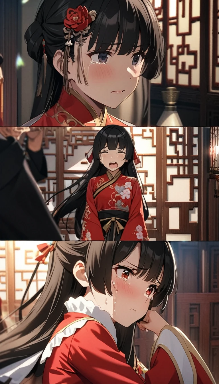 A tragic historical drama in 8k live-action style: Beautiful palace secrets　Beautiful 15 year old Chinese Kung Fu girl princess with long black hair　Gorgeous embroidery, Ultra glossy, She is wearing shiny red long sleeve floral pajamas....　She is crying in front of her lover as an old man she doesn&#39;t love forces himself on her.